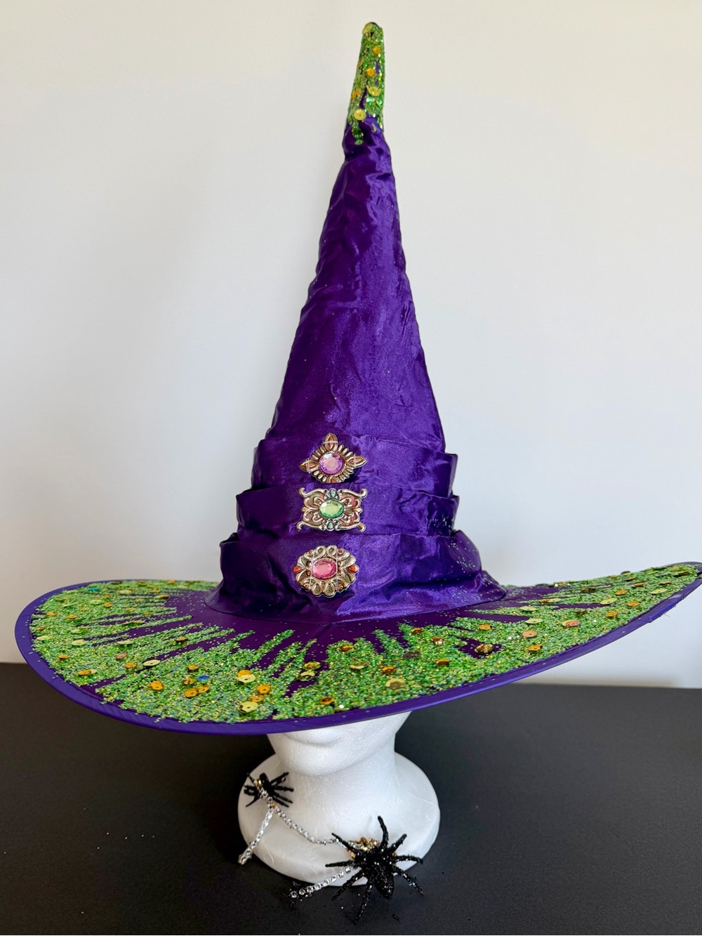 Witch Hat – wizard hat -Halloween -purple satin with Green glitter & jewels OS
